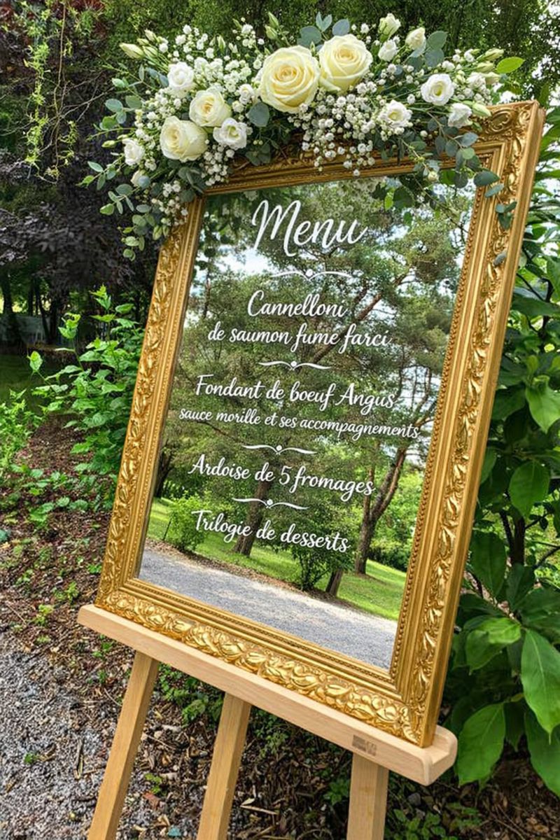 Location miroir doré pour menu pour mariage - Ma Jolie Fiesta